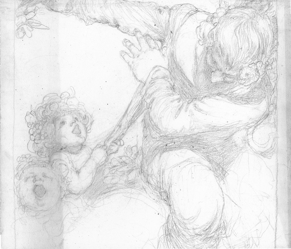 Cupids pulling at a man's clothing - pencil