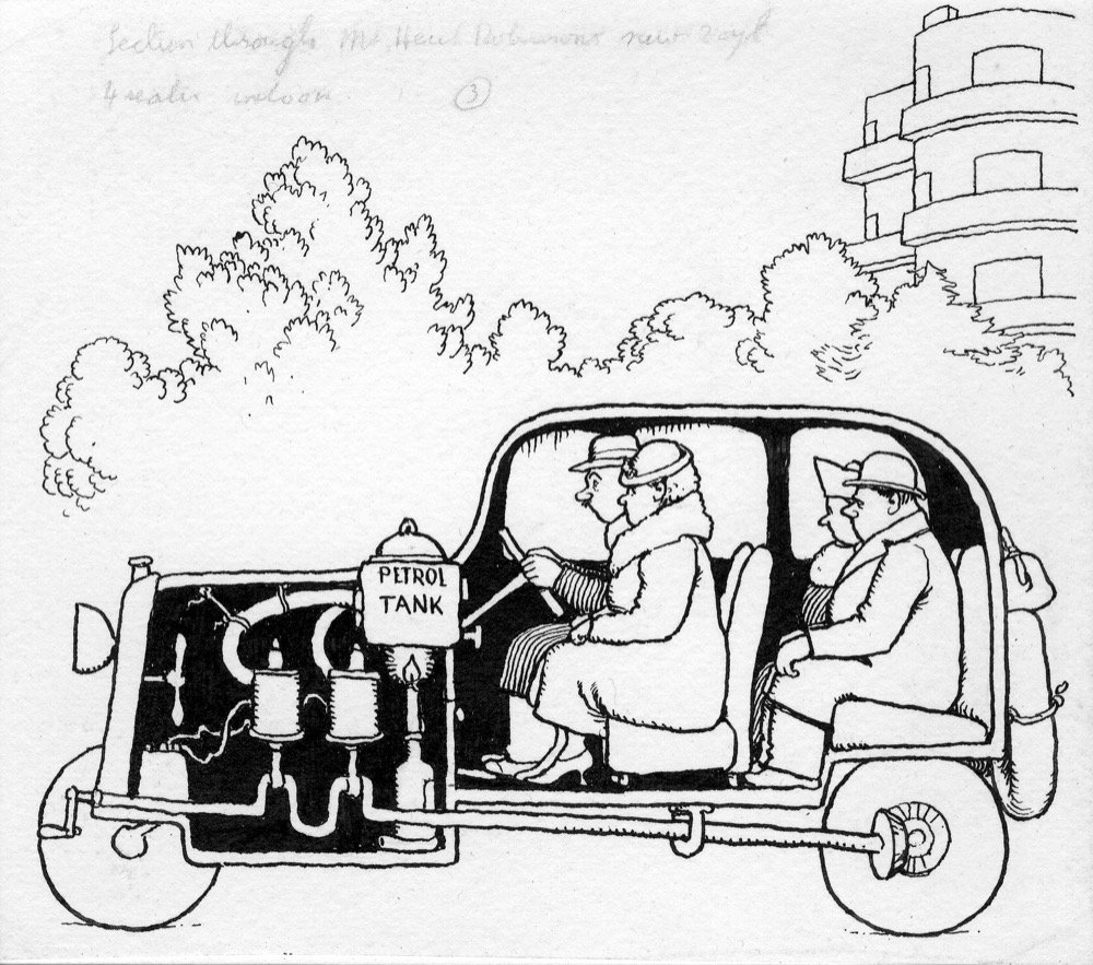 Section through Mr Heath Robinson's New 2cyl. 4-seater saloon - pen and ink