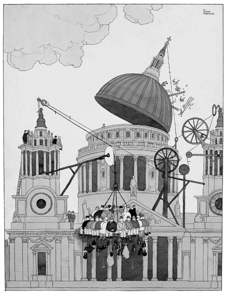 Stout members of the sixth column dislodge an enemy machine gun post on the dome of St Paul's - pen and watercolour
