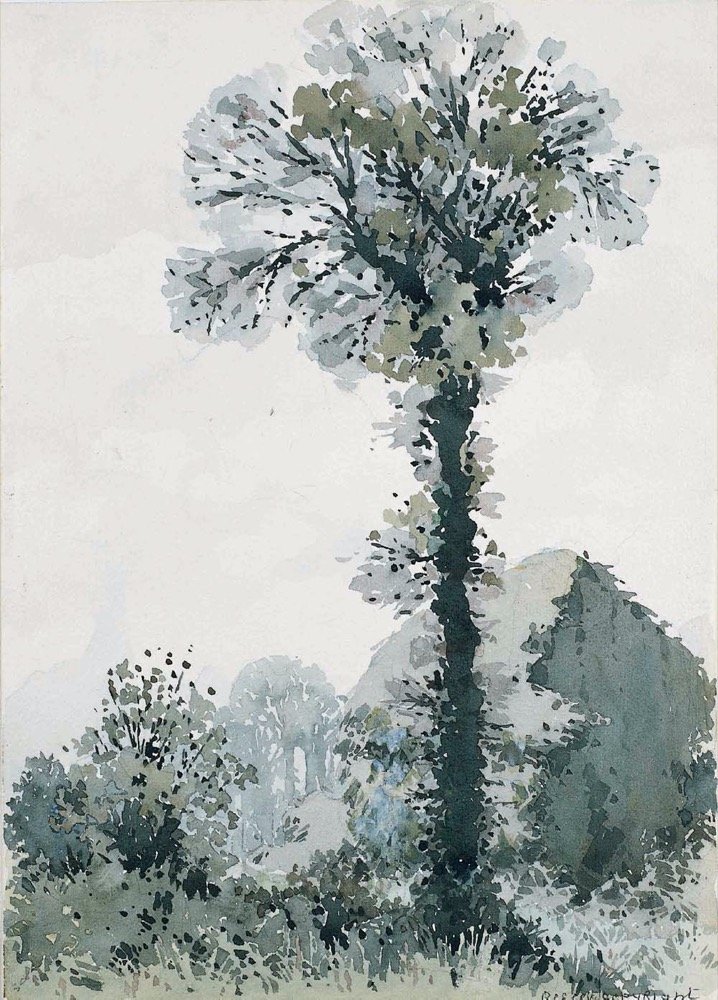 Landscape with tall tree and haystack - watercolour