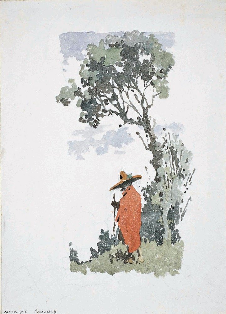 Spanish figure and tree - watercolour