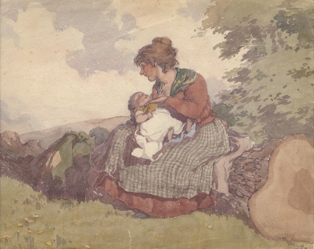 Mother & child seated on log(possibly published in b & w) - watercolour