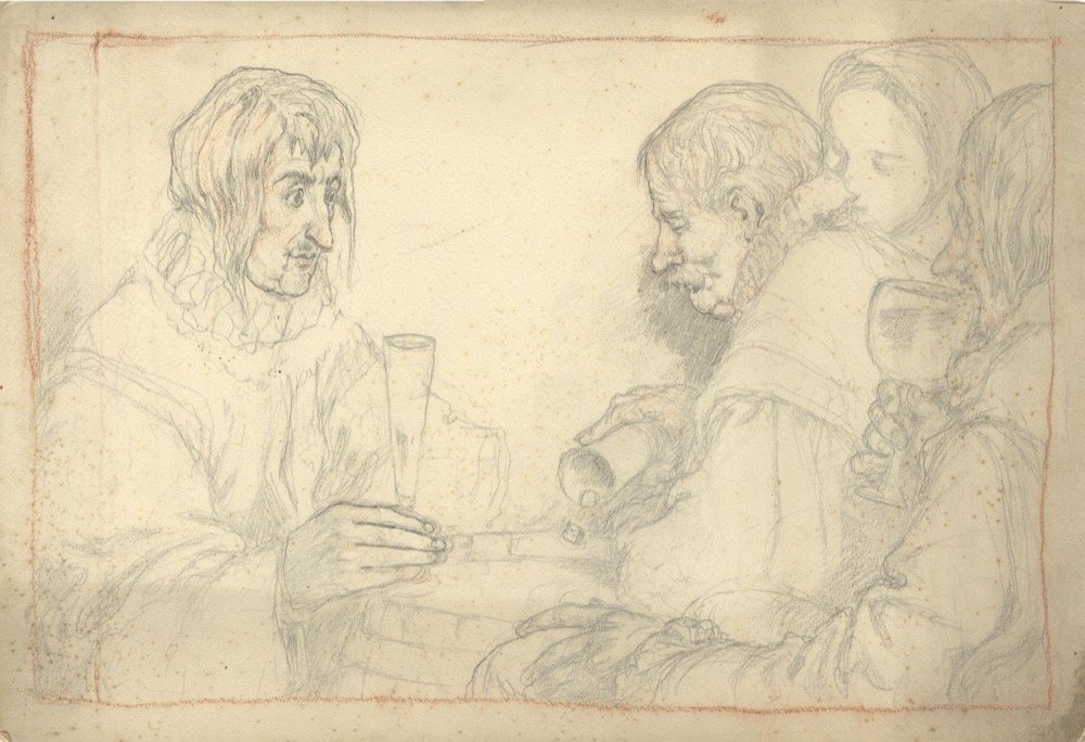 17th century figures playing dice & drinking - pencil and pen and red chalk