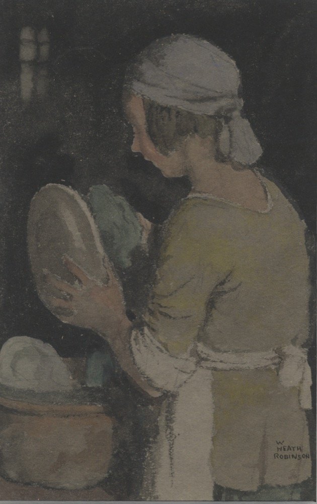 Woman washing-up plates - watercolour
