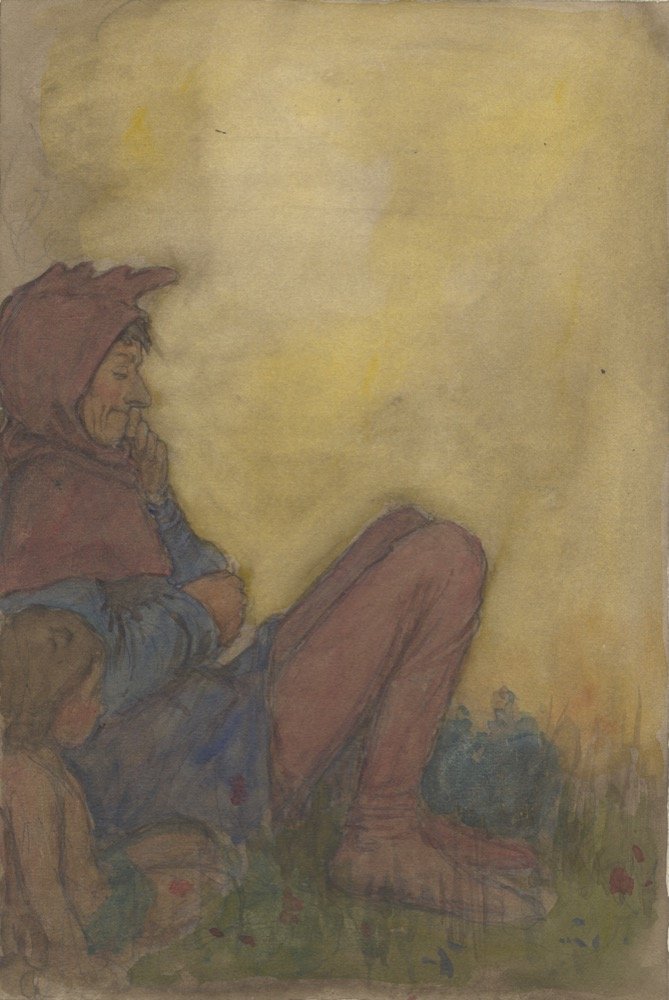 Jester & boy seated on grass - pencil and watercolour