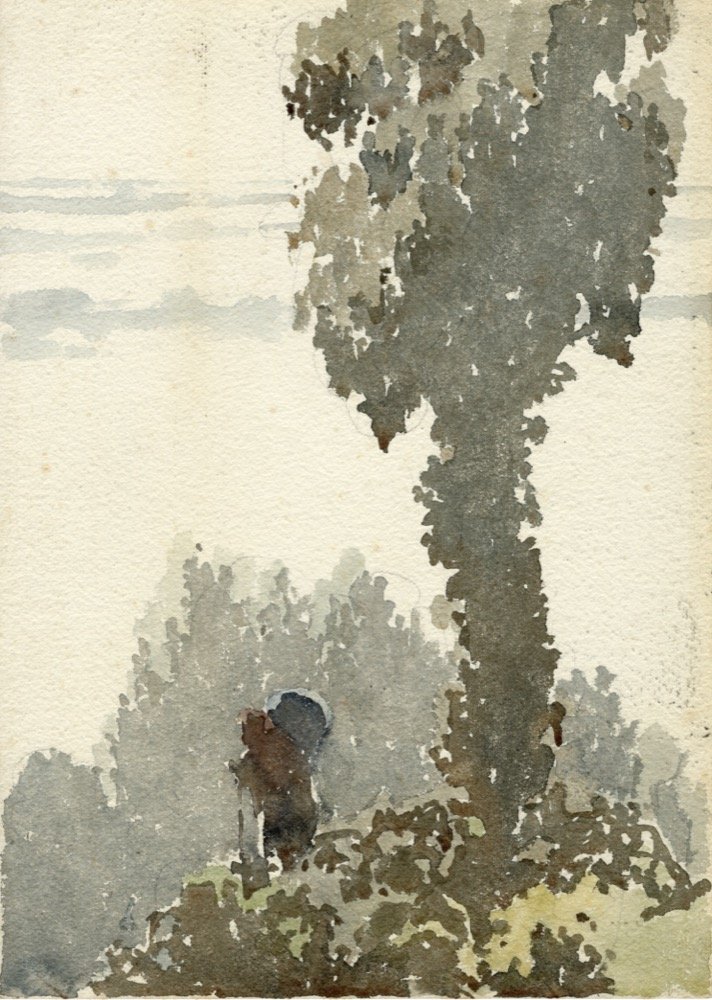 A figure with a bundle under a tree - watercolour