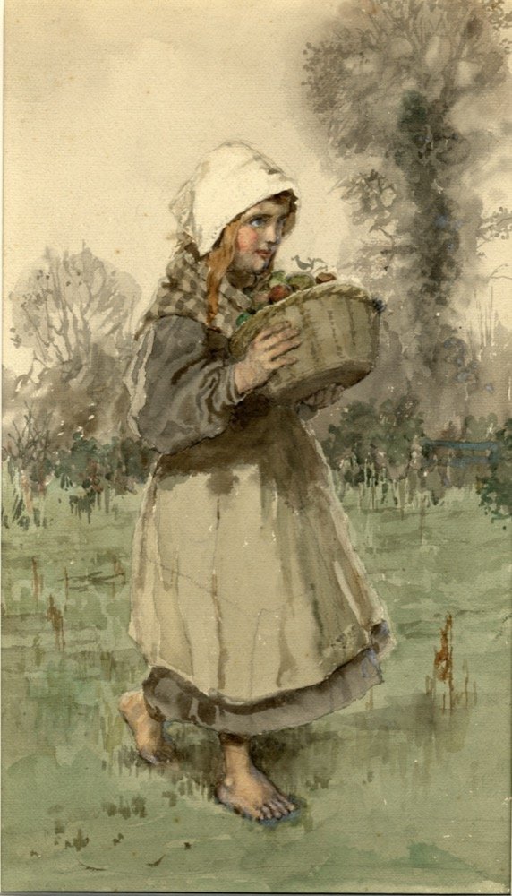 A young girl with fruit - watercolour