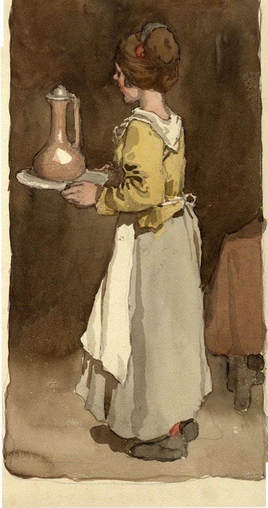 A servant girl with a jug of wine on a tray - watercolour