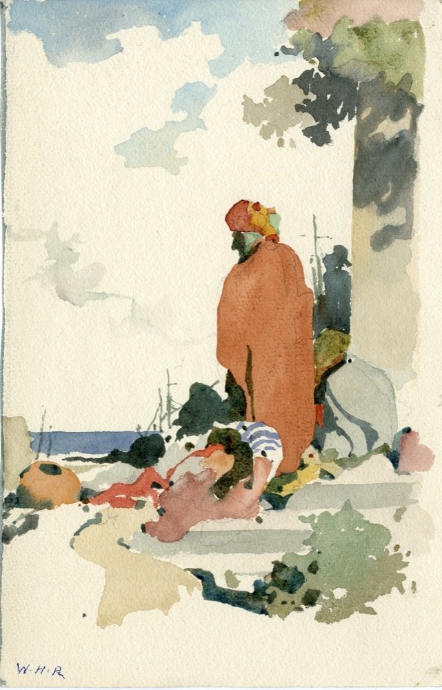 An arab in a red cloak in a seaport - watercolour