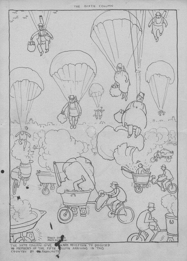 The sixth column give a warm reception to disguised members of the fifth column arriving in this country by parachute - pen and ink