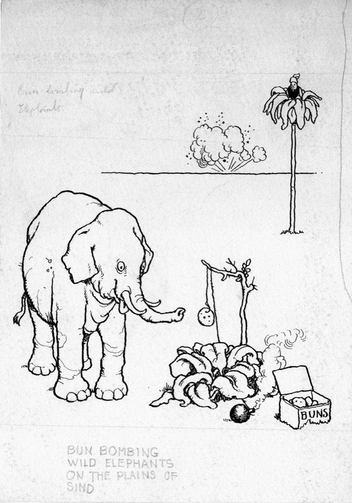 Bun bombing wild elephants - pen and ink