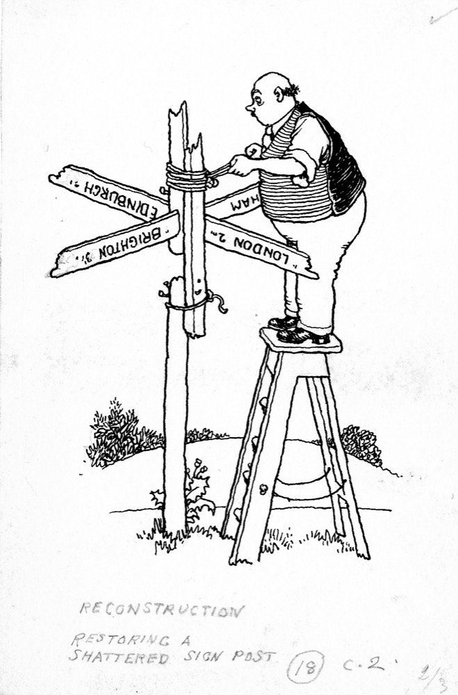 Reconstruction – restoring a shattered signpost - pen and ink