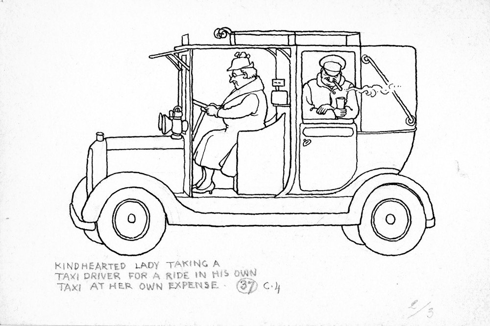 A kind-hearted lady taking a taxi-driver for a ride in his own taxi at her own expense - pen and ink