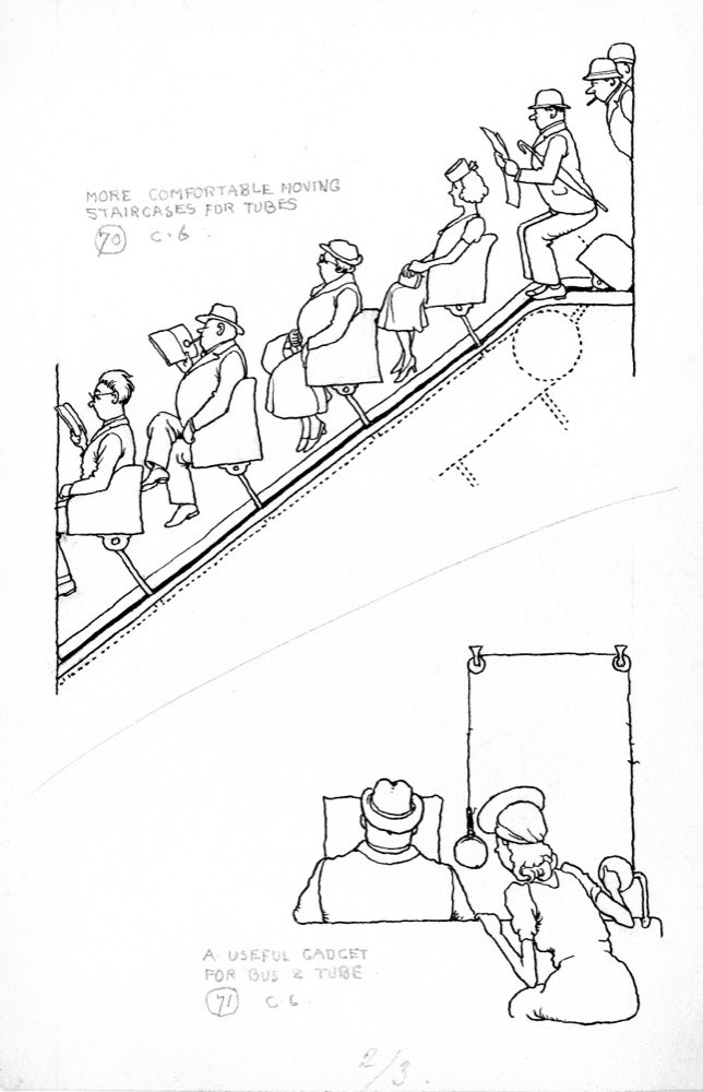 More comfortable moving staircases for tubes  & Useful gadget for bus and tube - pen and ink