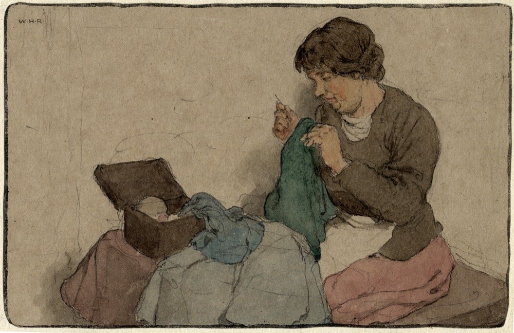 Watercolour of woman sewing - pencil and watercolour
