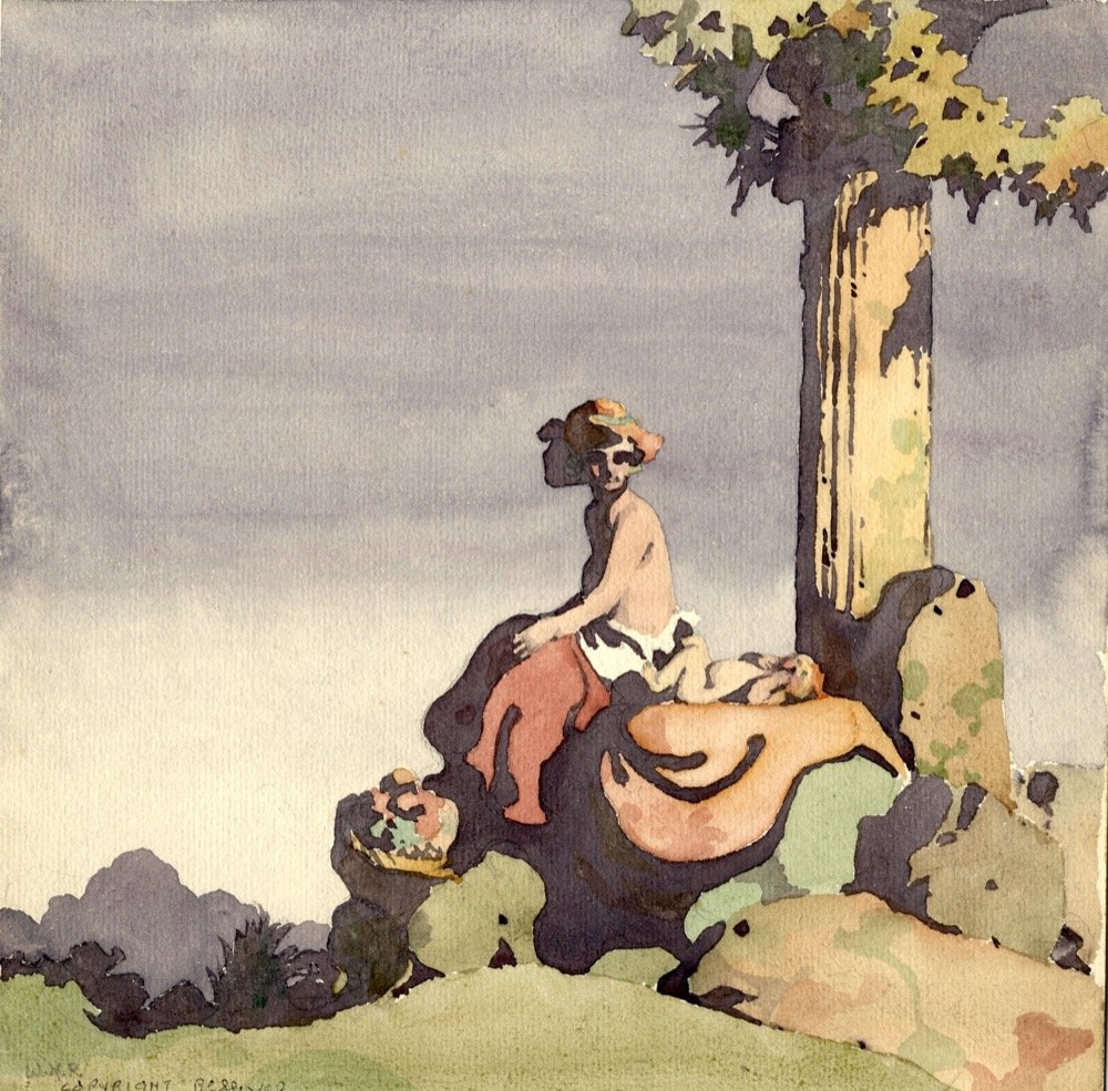 Watercolour of girl with baby sitting on rocks under tree - watercolour