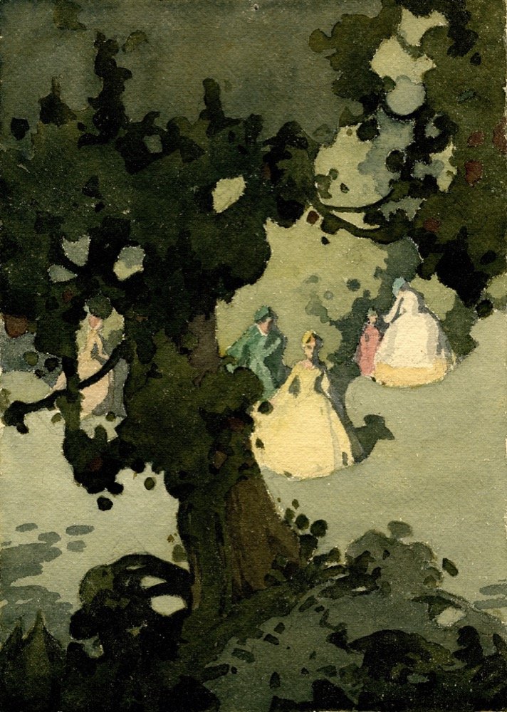 Watercolour of figures in period dress in sunlight under trees - watercolour