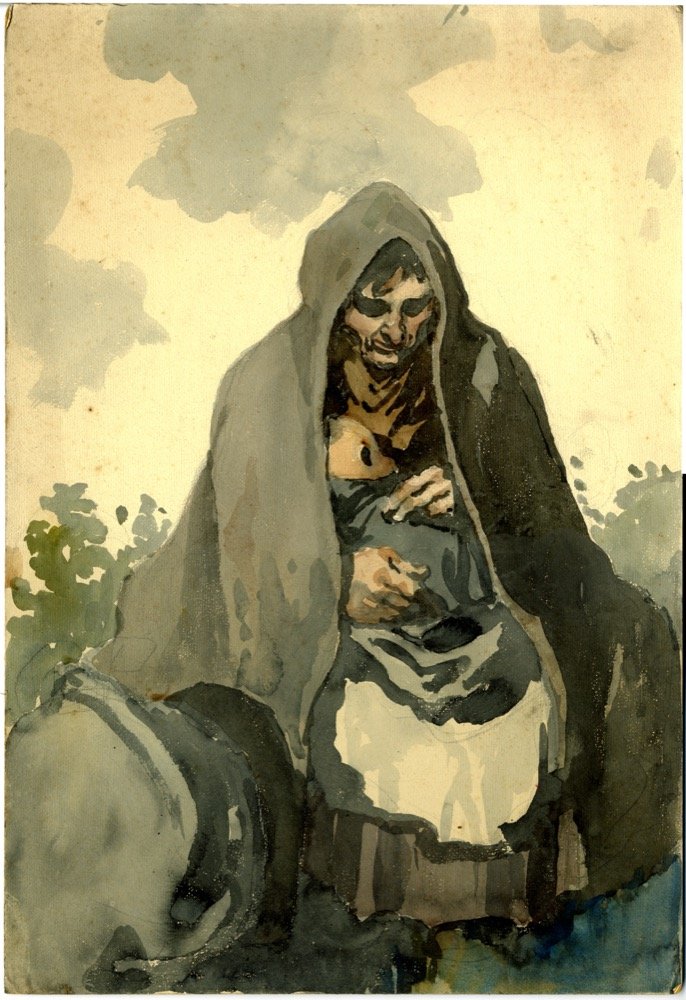 Grim looking woman with a child - watercolour