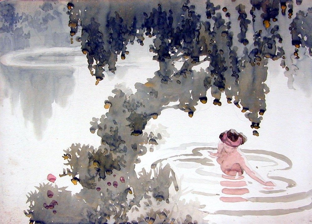 Girl swimming in lake under tree -