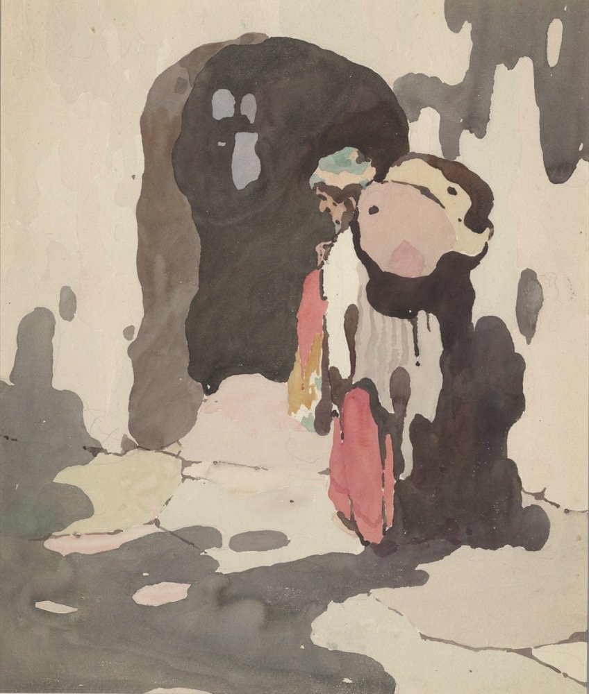 Eastern scene - man with bundle - watercolour