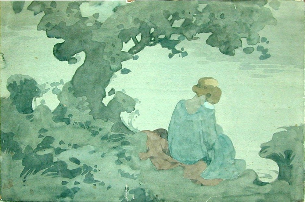 Girl in flowing dress seated on river bank under tree - watercolour