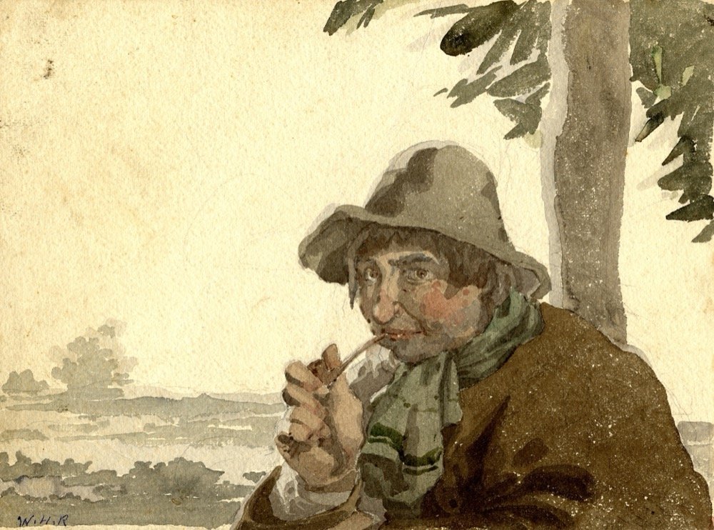 Yokel smoking pipe - unfinished girl to verso - watercolour