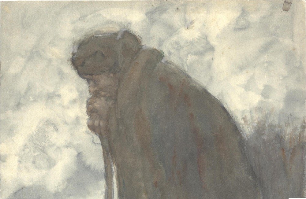 Old man leaning on stick under stormy sky - watercolour and ?
